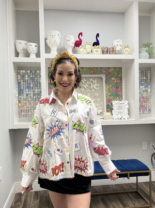 Queen of Sparkles White Mahjong Icon Rainbow Trim Collared Top