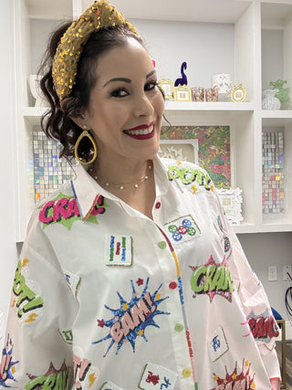 Queen of Sparkles White Mahjong Icon Rainbow Trim Collared Top