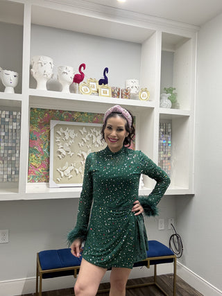 Queen of Sparkles Emerald Feather Sleeve Multi Rhinestone Sequin Short Romper