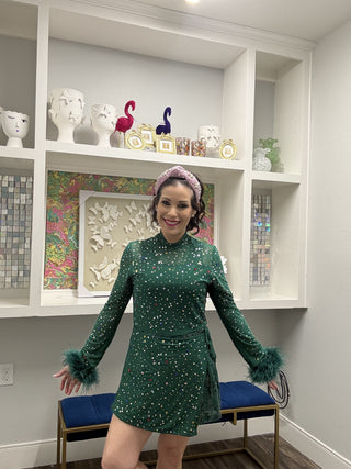 Queen of Sparkles Emerald Feather Sleeve Multi Rhinestone Sequin Short Romper