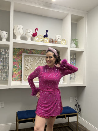 Queen of Sparkles Pink Feather Sleeve Multi Rhinestone Sequin Short Romper