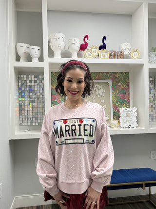 Queen of Sparkles Pale Pink Rhinestone 'Just Married' Sweatshirt