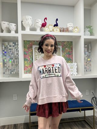 Queen of Sparkles Pale Pink Rhinestone 'Just Married' Sweatshirt