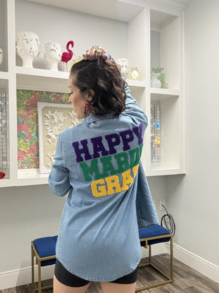 Happy Mardi Gras Denim Button Down