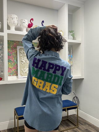 Happy Mardi Gras Denim Button Down