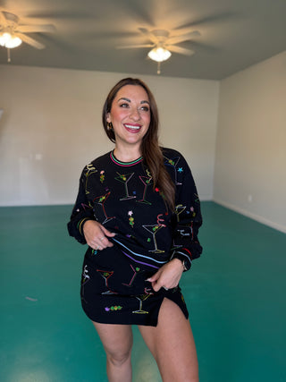 Queen of Sparkles Black Multi Rainbow Trim Martini Sweatshirt
