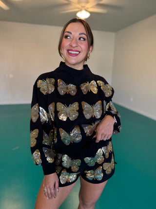 Queen of Sparkles Black & Gold Sequin Butterfly Short