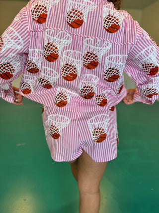Queen of Sparkles Pink &
White Stripe
Basketball Hoop Shorts