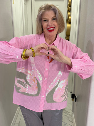 Queen of Sparkles  Pink Striped Swan Button Up Long Sleeve Top