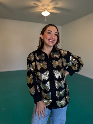 Queen of Sparkles Black & Gold Sequin Butterfly Cotton Button Up Dress