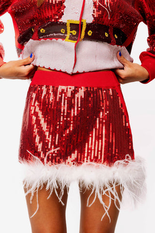 QOS Red Sequin Feather Trim Santa Skirt