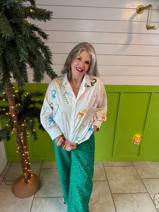 QOS White Cotton Multi Candy Cane Button Up Top