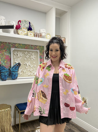 Queen of Sparkles Pink & White Striped Italian Food Button Up Cotton Top