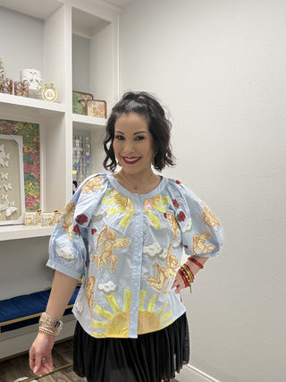 Queen of Sparkles Light Blue Cupid in the Sky Cotton Button Up