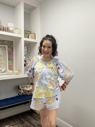 Queen of Sparkles Light Blue Cupid in the Sky Cotton Button Up