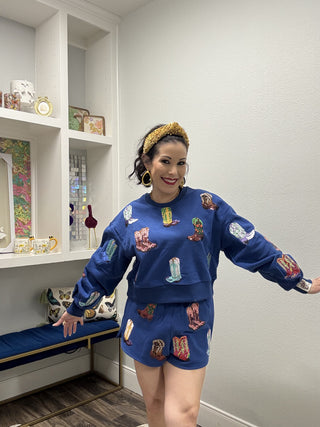 Queen of Sparkles Royal Blue Multi Cowboy Boot Sweatshirt