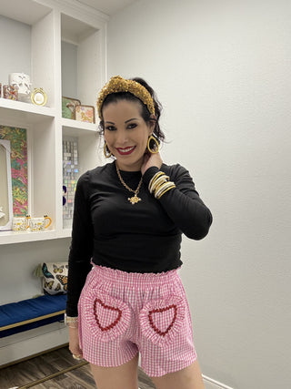 Queen of Sparkles Pink & White Gingham Ruffle Heart Pocket Short