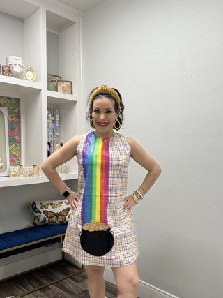 Queen of Sparkles Rainbow Plaid Pot of Gold Cotton Tank Dress