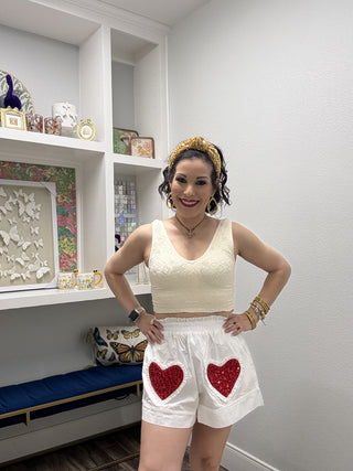 Queen of Sparkles White & Red Jeweled Ruffle Heart Cotton Short