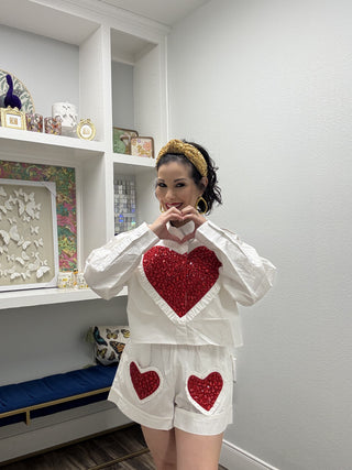 Queen of Sparkles White & Red Jeweled Ruffle Heart Cotton Short