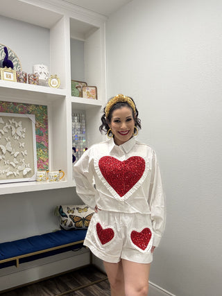 Queen of Sparkles White & Red Oversized Jeweled Ruffle Heart Cotton Button Up Top