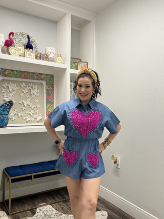 Queen of Sparkles Denim & Purple Oversized Jeweled Ruffle Heart Romper
