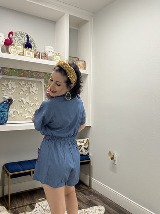 Queen of Sparkles Denim & Purple Oversized Jeweled Ruffle Heart Romper