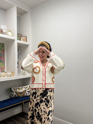 Queen of Sparkles White Knit Valentines Heart Cookies Button Up Cardigan