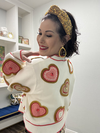 Queen of Sparkles White Knit Valentines Heart Cookies Button Up Cardigan