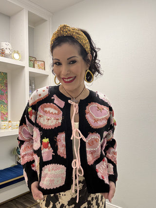 Queen of Sparkles Black Cakes & Pastries Tie Up Sweater