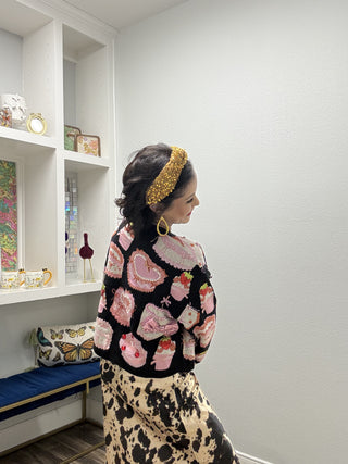 Queen of Sparkles Black Cakes & Pastries Tie Up Sweater