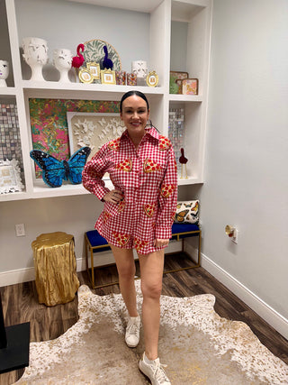 Queen of Sparkles Red & White Checkered Pepperoni Pizza Long Sleeve Button Up Cotton Romper