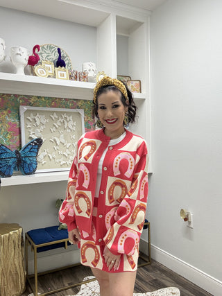 QOS Hot Pink Checkered Horse Shoe Button Up Sweater