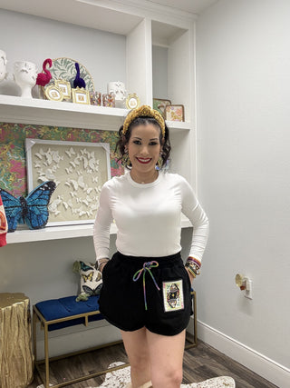 QOS Black QOS Queen Card Rhinestone Tie Short