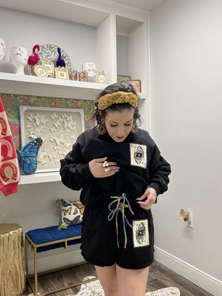 QOS Black QOS Queen Card Rhinestone Tie Sweatshirt