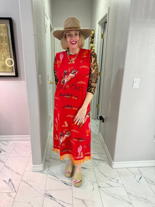 QOS Red Bucking Cowgirl Fringe Bottom Midi Tank Dress