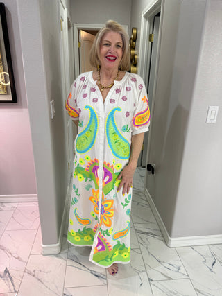 QOS White & Neon Paisley Print Button Up Cotton Midi Dress