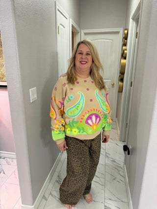 QOS Beige & Neon Paisley Print Sweatshirt