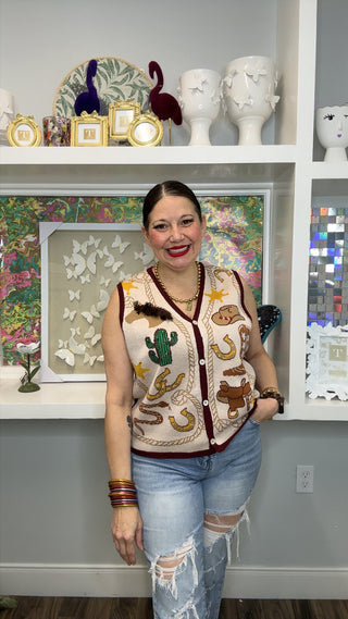 QOS Beige Multi Western Icon Knit Button Up Vest