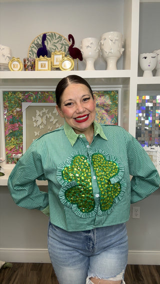 QOS Green Gingham Ruffle Jeweled Shamrock Cotton Button Up Top