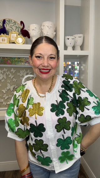 QOS White & Green Shamrock Cotton Button Up Short Sleeve Top