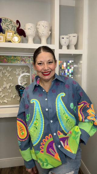 QOS Denim & Neon Paisley Print Button Up