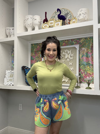 QOS Denim & Neon Paisley Print Short