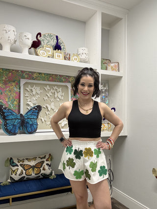 QOS White & Green Rhinestone Shamrock Cotton Short