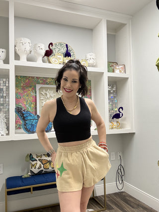 QOS Beige Colorblock Bandana QOS Card Logo Short