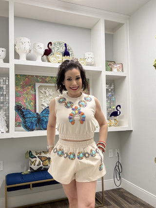 QOS Beige Multi Turquoise Necklace Tank