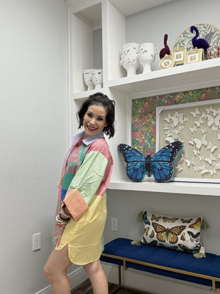 QOS Colorblock Gingham Queen Card Logo Button Up Cotton Tunic