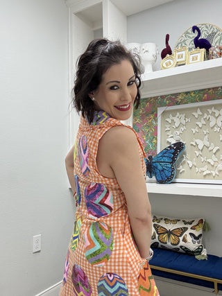 QOS Orange Gingham Multi Easter Egg Cotton Collar Tank Dress