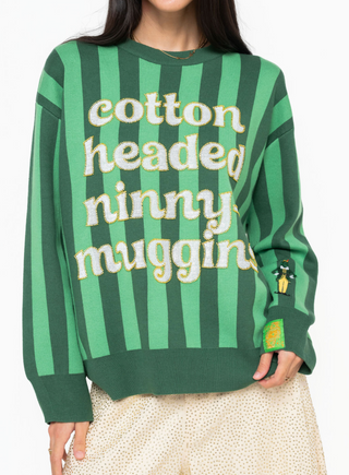 QOS Licensed Green Striped Sequin & Beaded 'Cotton Head Ninny Muggins' Sweater