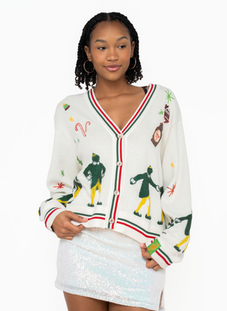 QOS Licensed White Walking Buddy Sequin & Beaded Icon Cardigan